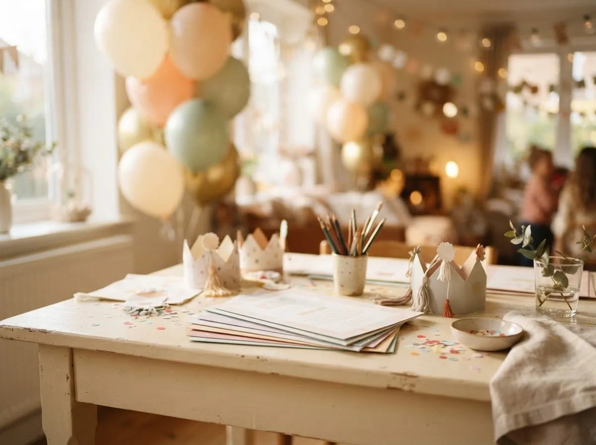 Materiali per una festa PartyPeasy disposti sul tavolo